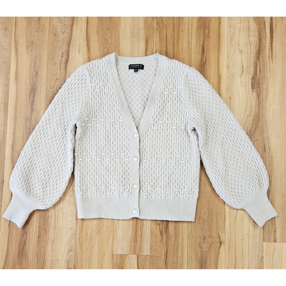 Joseph A Women's Size Small Pearl Embellished Cardigan Sweater In Beige